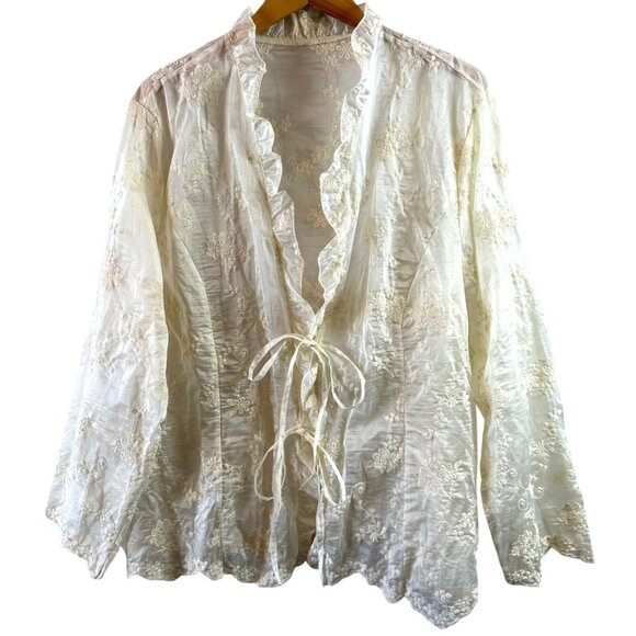 Romantic Embroidered Ivory Sheer Ruffle Tie Jacket Topper 3X - Picture 2 of 4